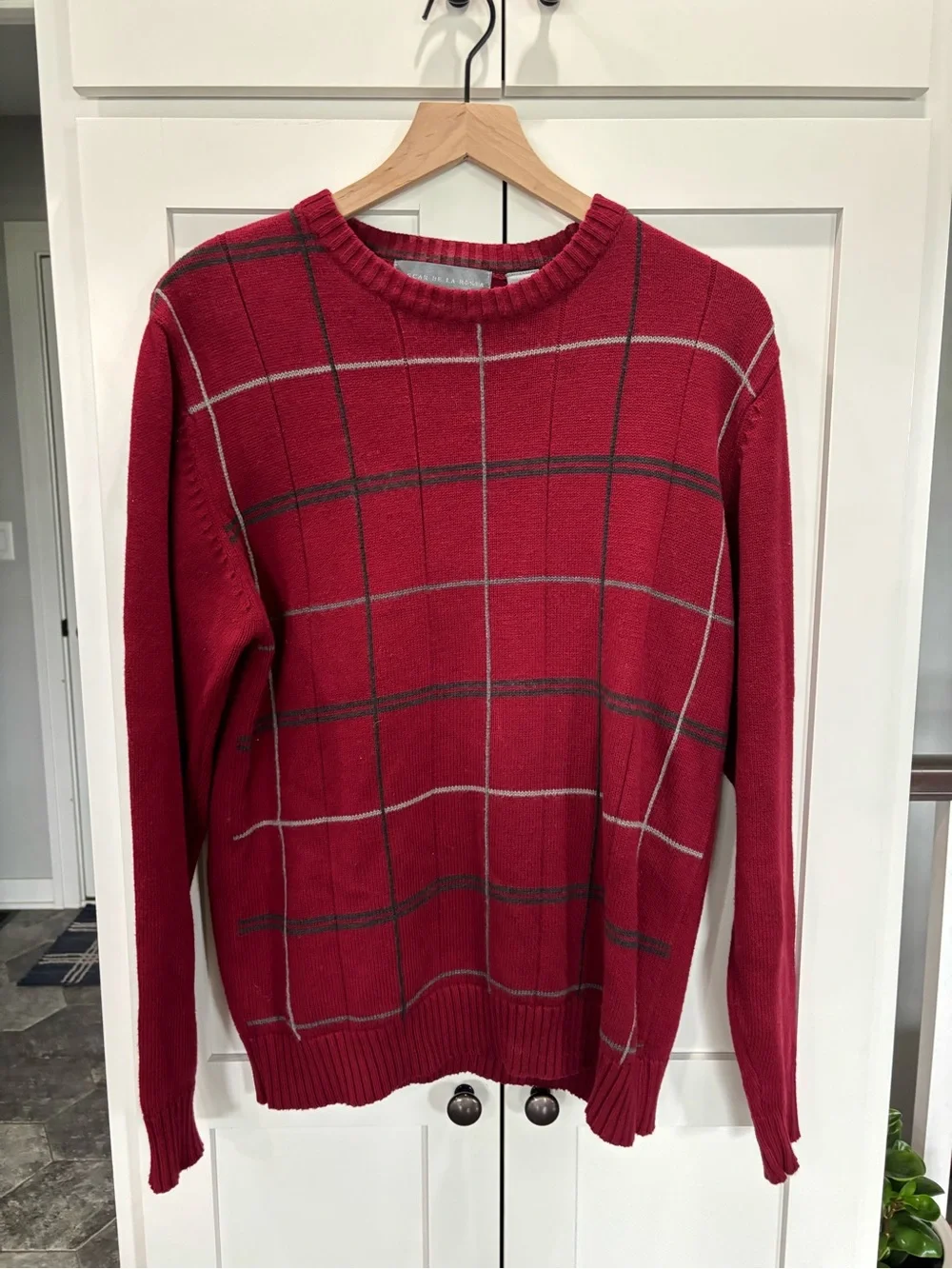 Oscar de la Renta Vintage Medium Men’s Red Windowpane Crewneck Sweater